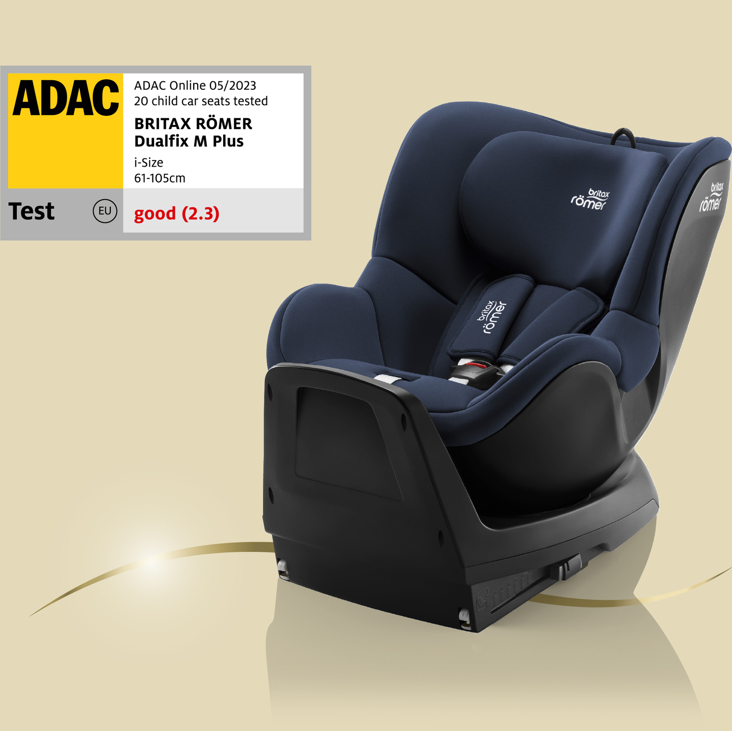 Britax R&ouml;mer 360&deg; rotating rear-facing car seat DUALFIX M PLUS; next to it, an ADAC test label with rating good (2.3).